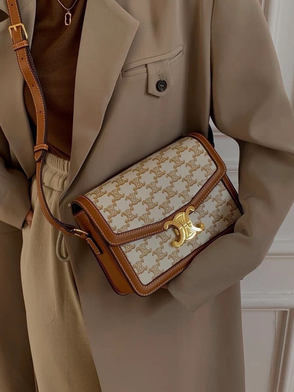 Triomphe Canvas Shoulder Bag in Cream and Brown